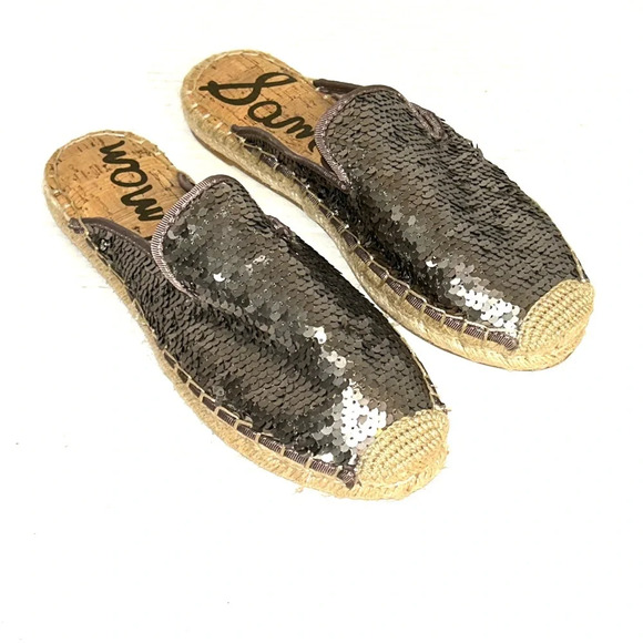 Sam Edelman Kerry Espadrilles Size 7 Gray Pewter Sequin Mules Slip On Shoes - Picture 1 of 9